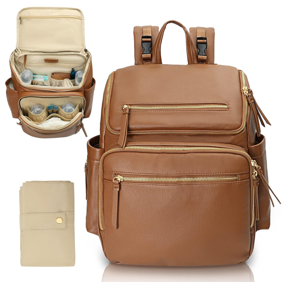 MISS FONG Baby Wickelrucksack Wickeltasche, Leder Rucksack mit Multifunktions-Babytaschen, 19 Wickel