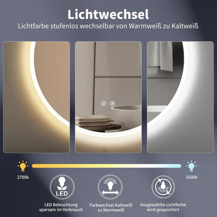HOKO Antibeschlag LED Badspiegel rund 80 cm Bilbao mit Metall Rahmen Weiss. Touch Schalter + Memory