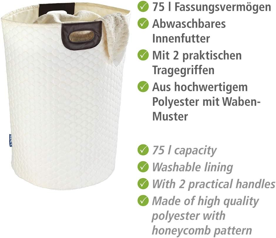 WENKO Wäschesammler Wabo Beige - Wäschekorb Fassungsvermögen: 75 l, Polyester, 40 x 60 x 40 cm, Beig