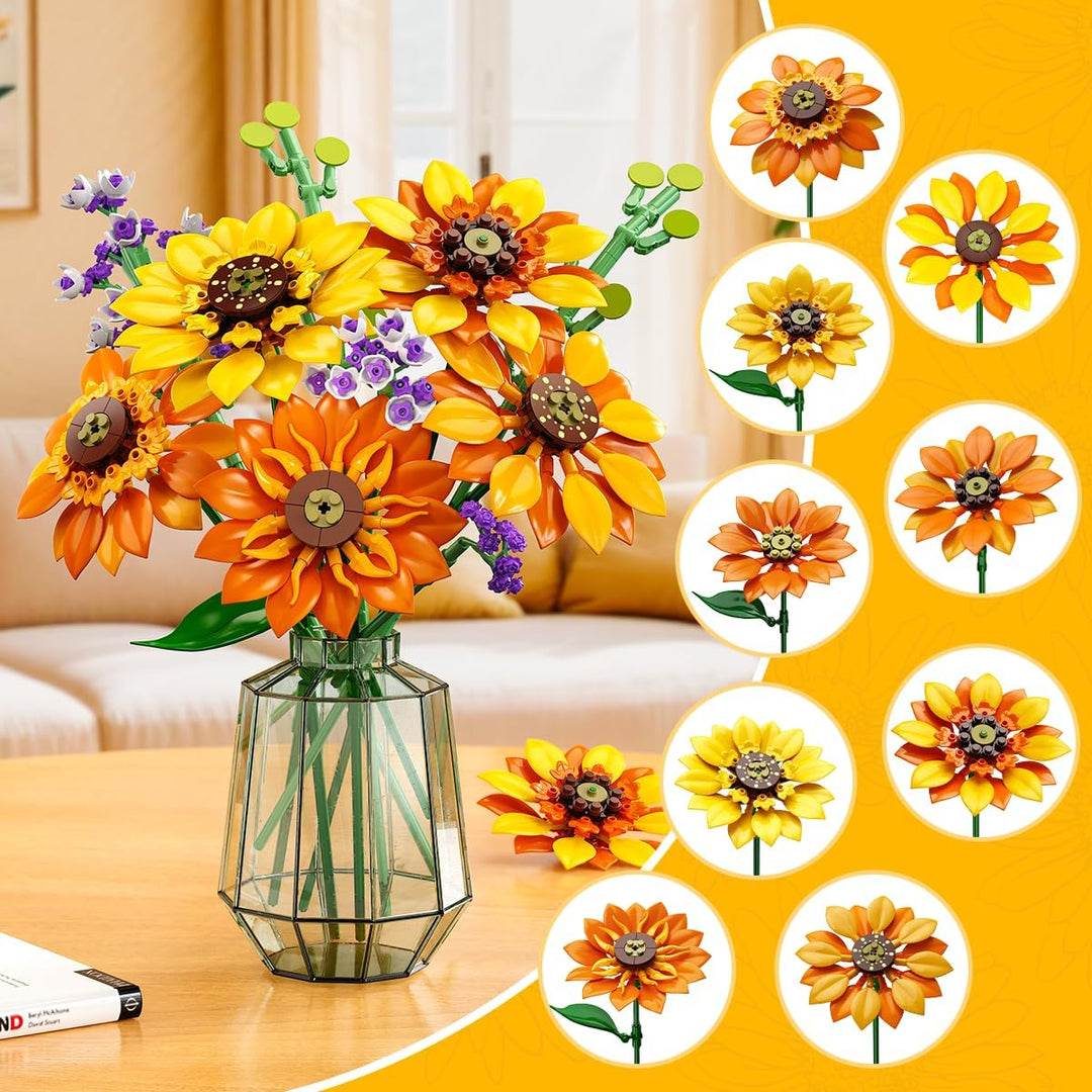 CUBIMANA Blumen-Sonnenblumenstrauss-Bausatz mit Lichtern – 17 Blumen botanische Sammlung künstliche