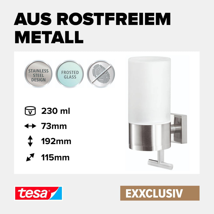 tesa EXXCLUSIV Seifenspender-Set, Milchglas und verchromtes Metall - Flüssigseifenspender zur Wandbe