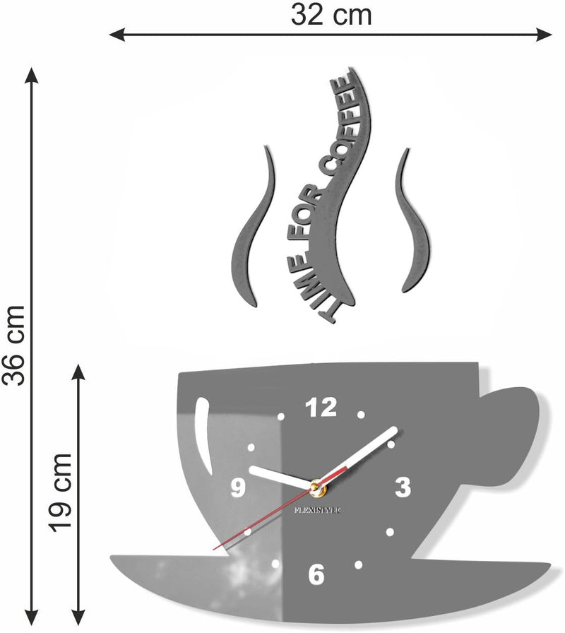 FLEXISTYLE Tasse Time for Coffee (Zeit für Kaffee) Moderne Küche Wanduhr grau, 3D römisch, wanduhr d