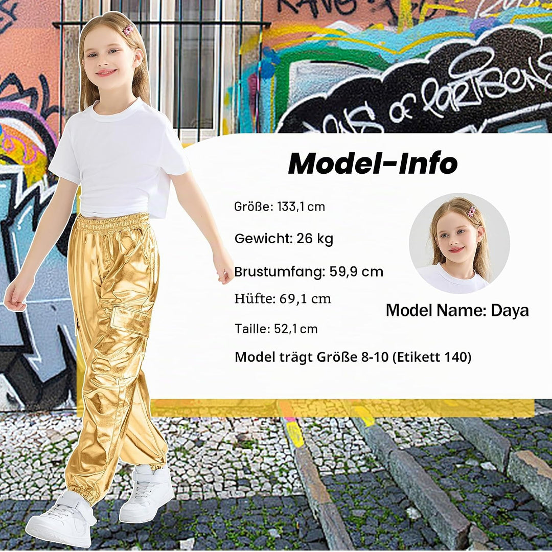 Rolanko Cargo Hosen für Mädchen, Metallische Tanz Hip Hop Hosen für Kinder Mit Elastischem Bund, Ret