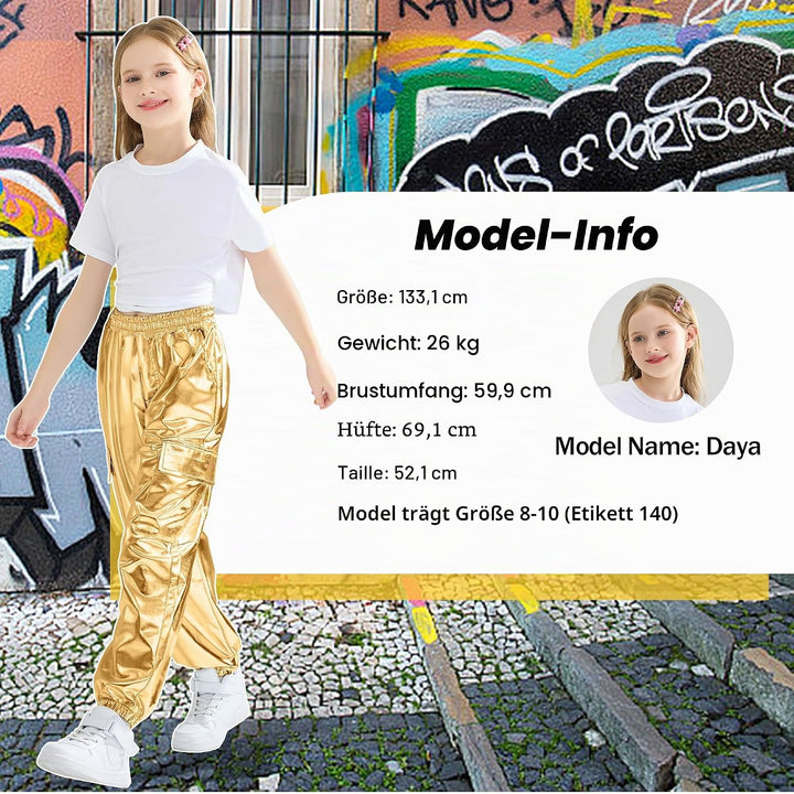 Rolanko Cargo Hosen für Mädchen, Metallische Tanz Hip Hop Hosen für Kinder Mit Elastischem Bund, Ret