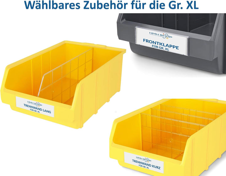 Stapelboxen der Grösse XL 489x304x185mm für dein Kleinteilelager, Sortierkisten in 5 Farben, Zubehör
