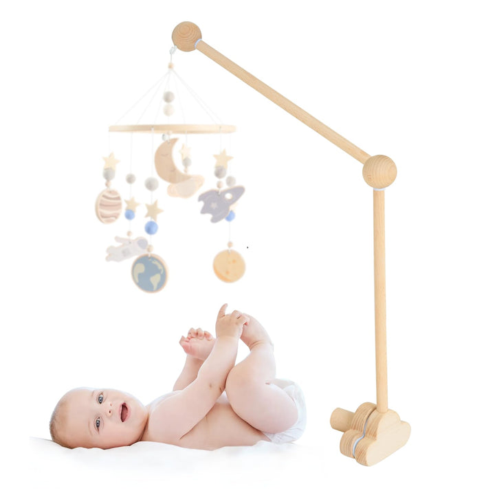 Mobile Halterung Holz für Babybett, Mobile Ständer Wolken Design, 360°Drehbar Baby Mobile Aufhänger,
