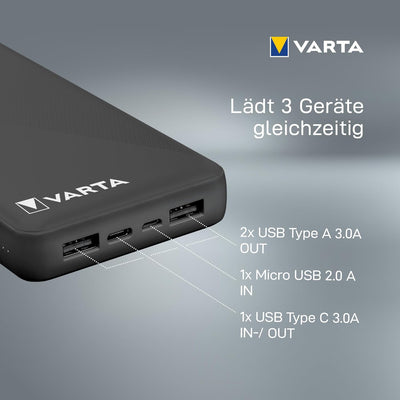 VARTA Power Bank 20000mAh, Powerbank Power on Demand mit 4 Anschlüssen (1x Micro USB, 2x USB A, 1x U