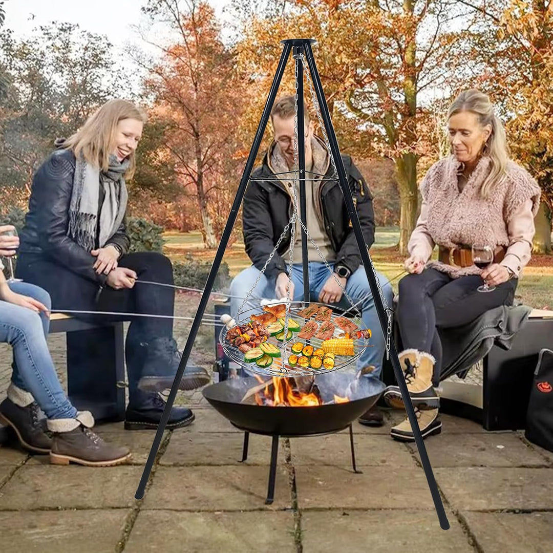 Dreibein Schwenkgrill 150 cm, Ø 48 cm 304 Edelstahl Grillplatte | Mit Kurbel &amp; Kette, Höhenverstellb
