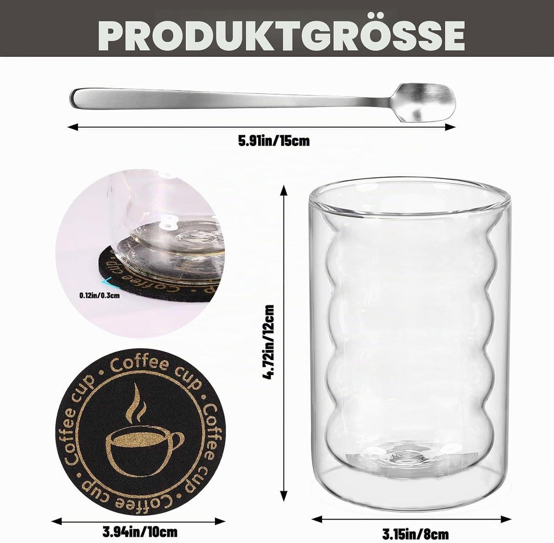2er Set Latte Macchiato GläSer,350ML Doppelwandige GläSer mit 2 Löffeln und 2 Untersetzern, Thermogl