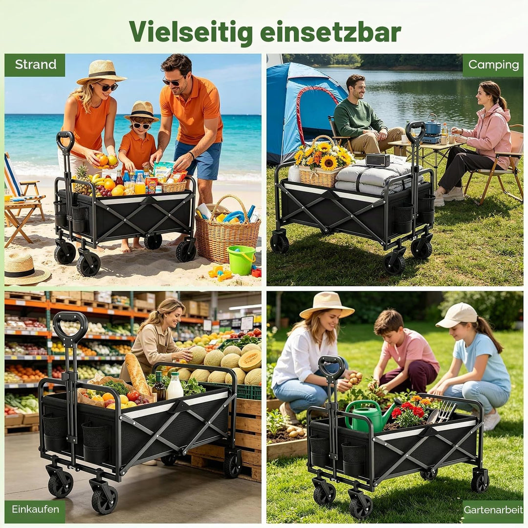 Bollerwagen Faltbar 70L/70KG Tragkraft – mit Bremsen, Handwagen mit Klappbarem Griff &amp; Abnehmbaren R