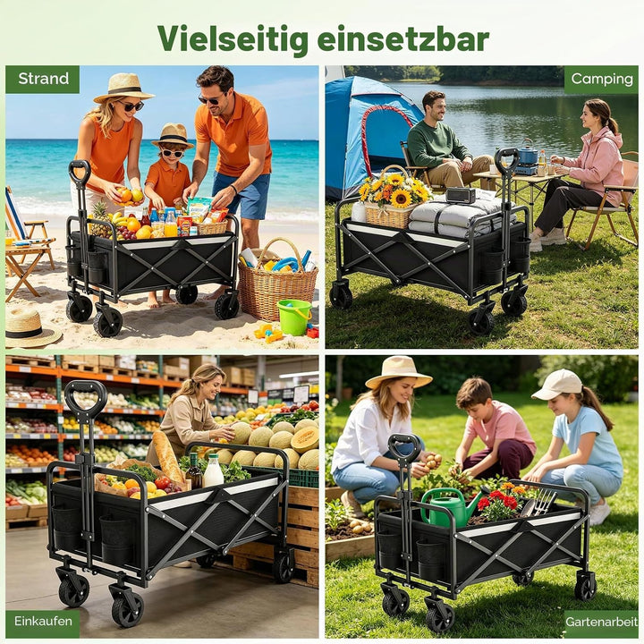 Bollerwagen Faltbar 70L/70KG Tragkraft – mit Bremsen, Handwagen mit Klappbarem Griff &amp; Abnehmbaren R