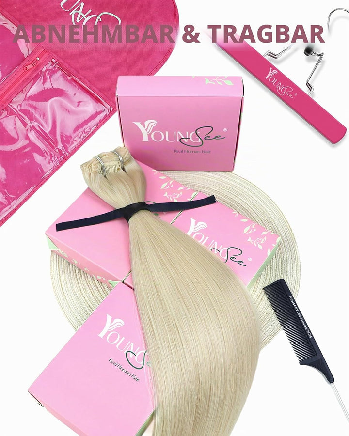 YoungSee Echthaar Extensions Clip Platinblond 35cm Clip Echthaar Extensions Clip in Extensions Echth