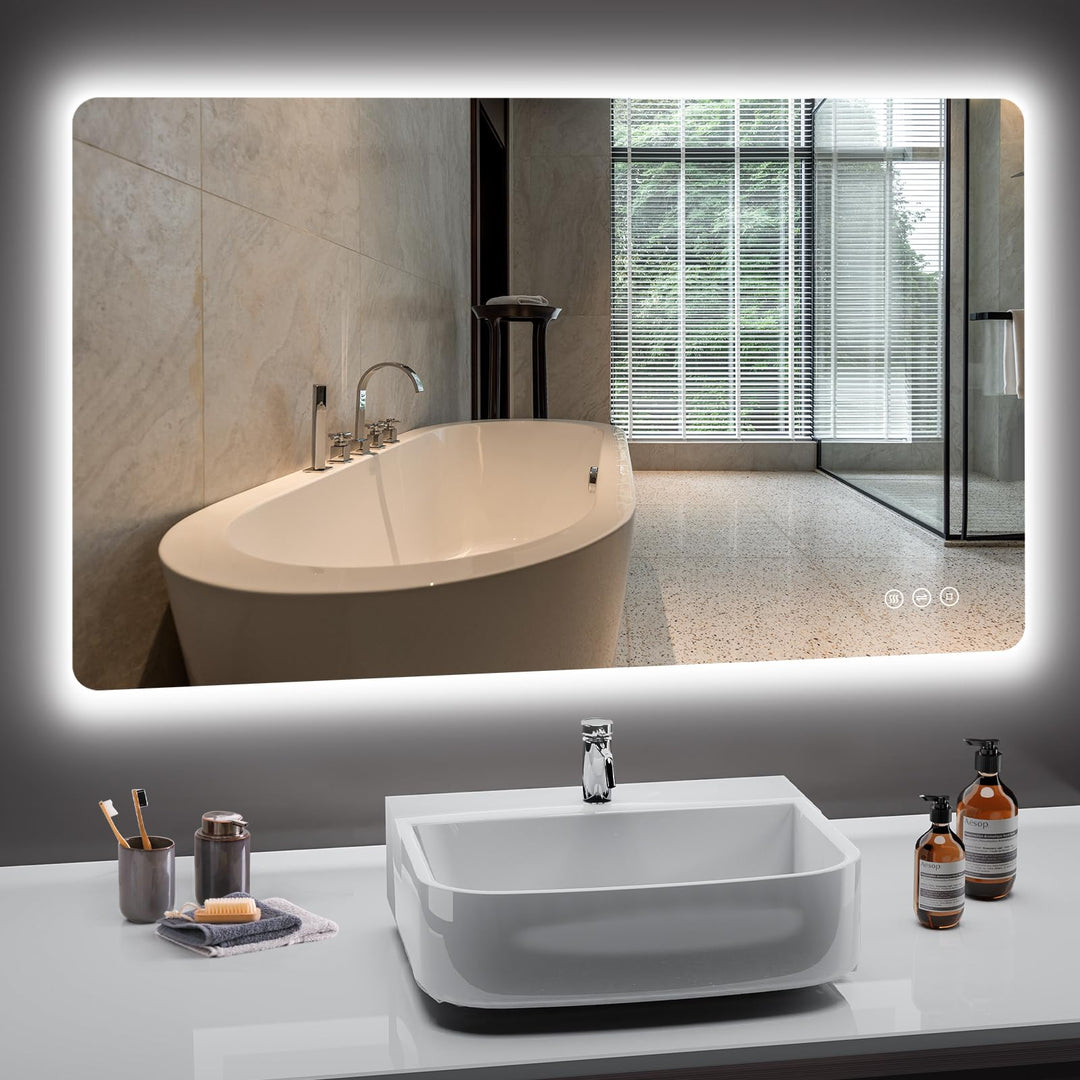 Badezimmer Spiegel mit Beleuchtung, Led Bad Spiegel mit Licht, 3 Lichtfarben, Dimmbar, Antibeschlag,