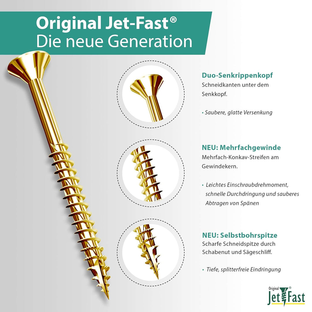 Original Jet-Fast Universalschrauben Set 1400 Teilig, Duo-Senkrippenkopf, mit Selbstbohrspitze, Gelb
