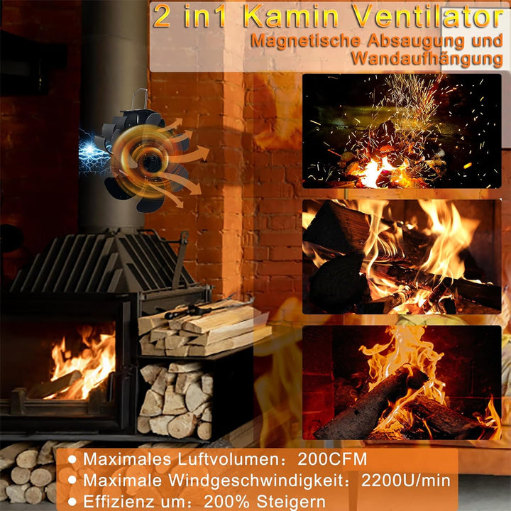 6 Blatt Kaminventilator Magnetisch,Ofenventilator Ohne Strom,Holzabzugrohr Herd Ventilator,Wärmebetr
