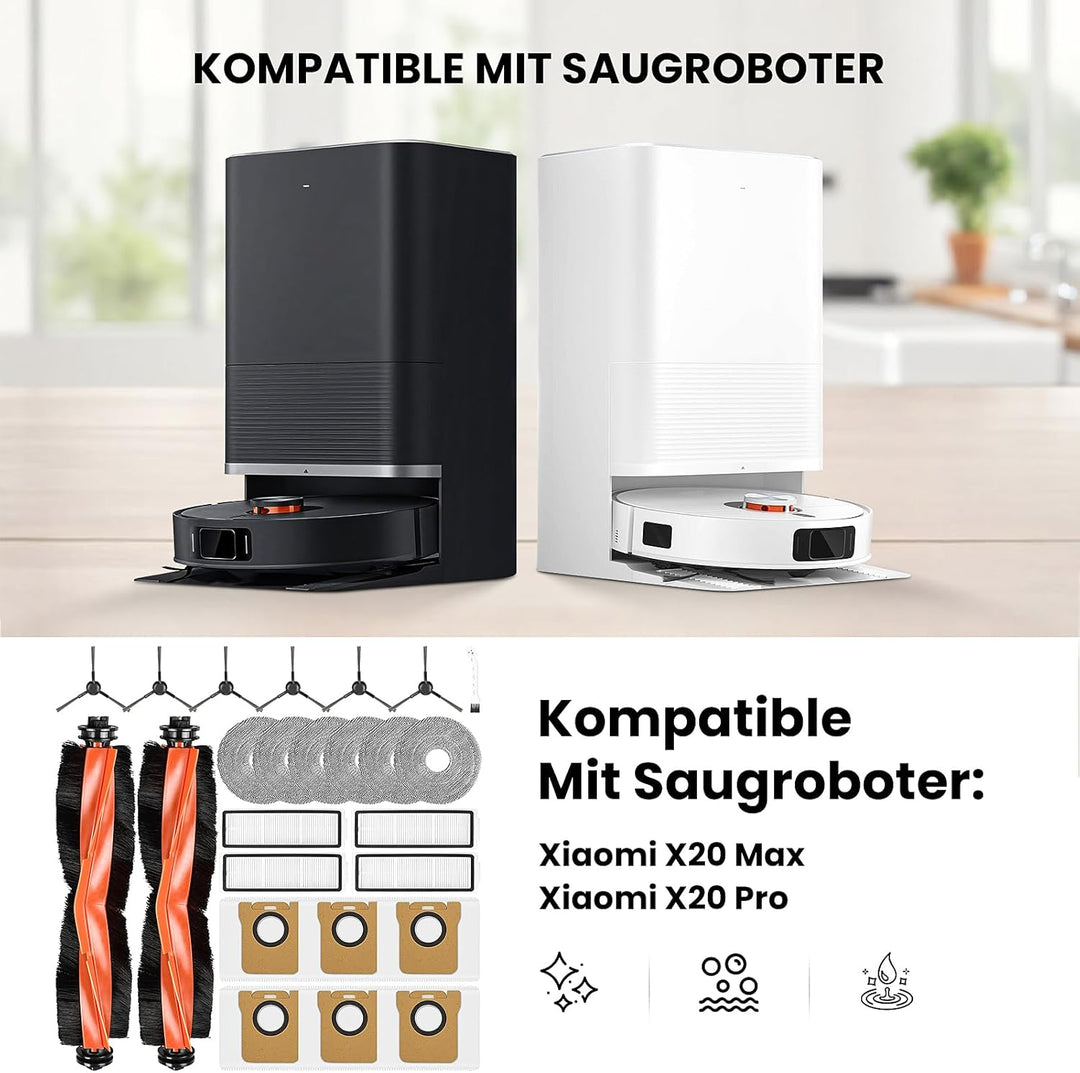 25 Stück Zubehör für Xiaomi X20 Max / X20 Pro Saugroboter, Ersatzteile 2 Hauptbürste 6 Staubbeutel 6