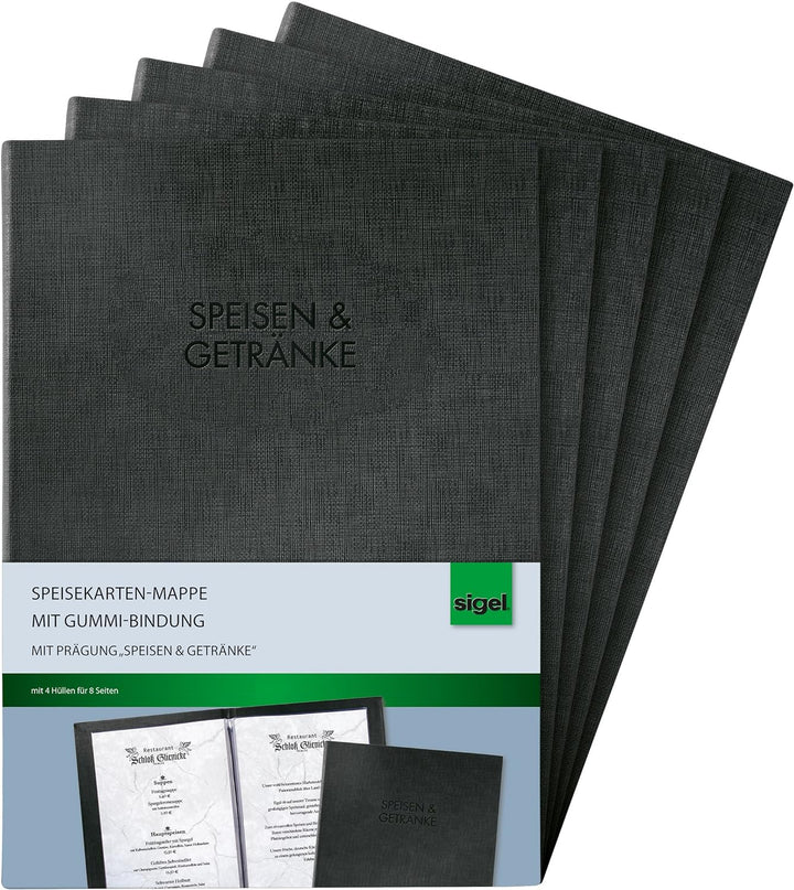 SIGEL SM111/5 Speisekarten-Mappen mit Gummi-Bindung für A4, 5-er Pack, schwarz mit edler Leinenstruk