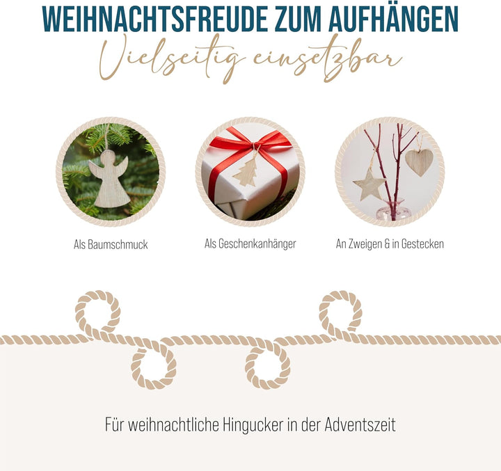 Holzanhänger Weihnachten, 24er Set: Weihnachtsanhänger Holz Stern, Tannenbaum, Engel & Herz, Anhänge
