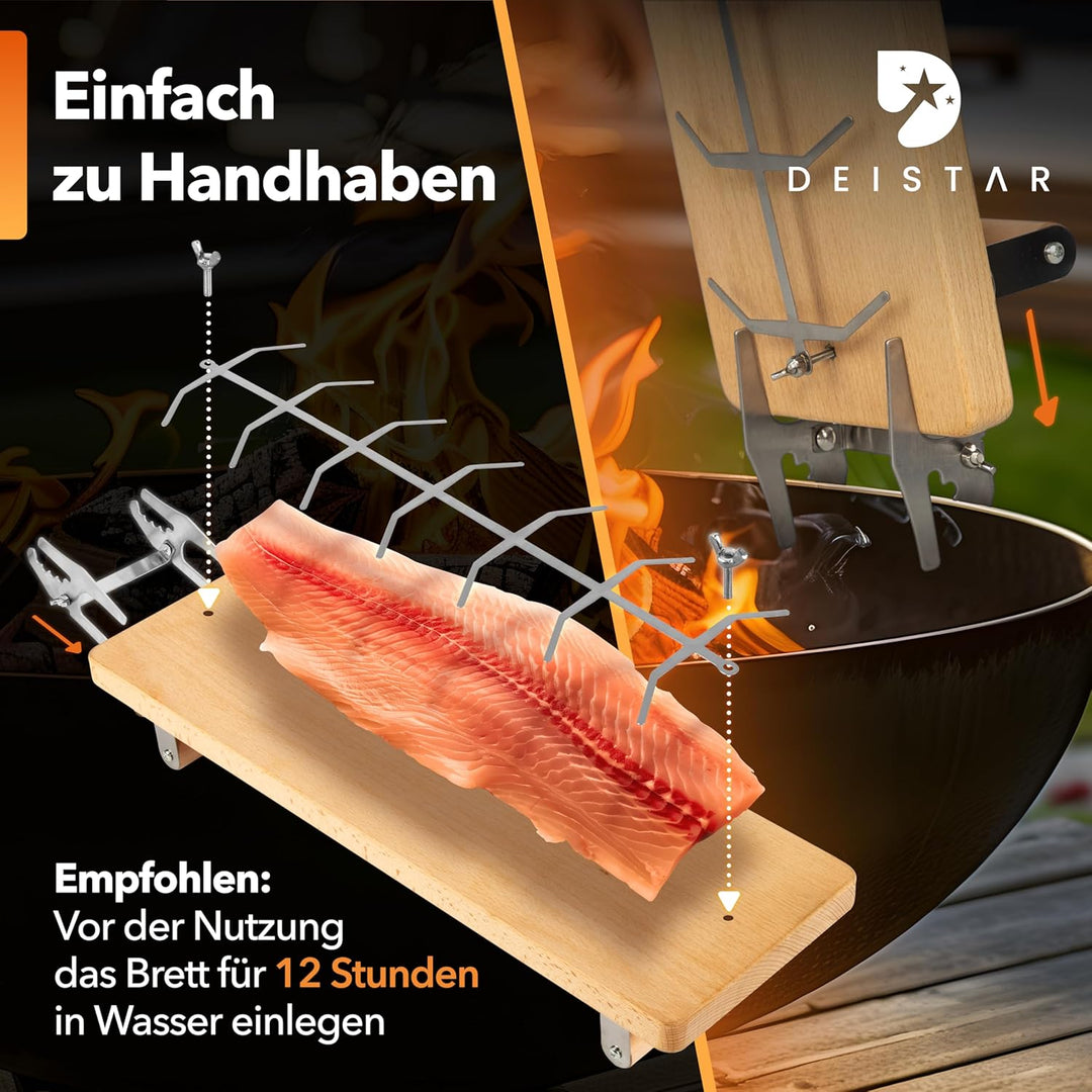 Flammlachsbrett Premium – Edelstahl-Halterung mit verstärkten Schrauben & Buchenholz – Perfekt für F