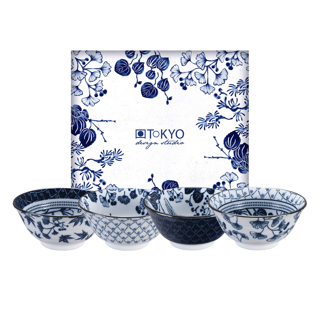 TOKYO design studio Flora Japonica 4-er Schalen-Set blau-weiss, Ø 14,8 cm, 7 cm hoch, ca. 500 ml, as