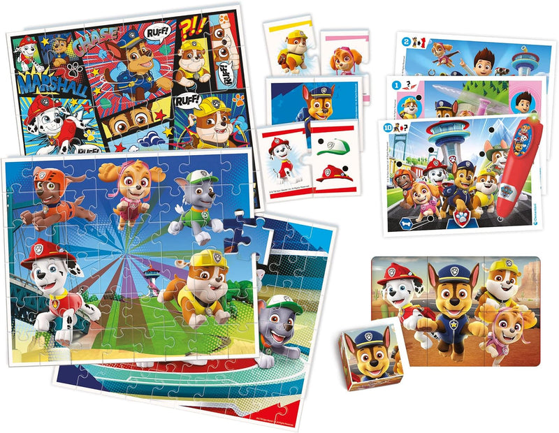 CLEMENTONI - 18112 – Super Edukit 7 in 1 – Paw Patrol (3 Puzzles von 30, 48 und 60 Stück, 6 Würfel,