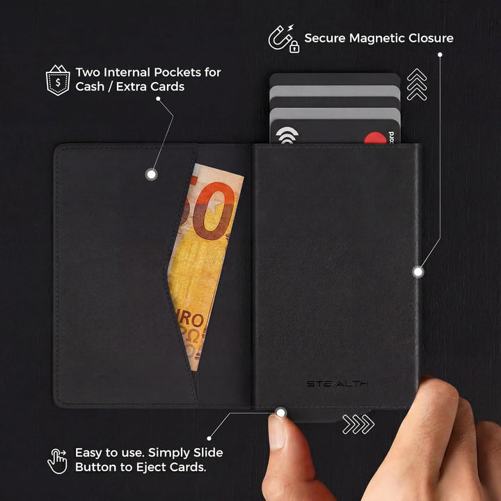 Stealth Wallet – Minimalistische Schlanke Leichte Pop-Up Kartenhalter – Kontaktlos Geschützte Sicher