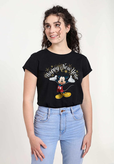 Disney Classics Damen Classic-Mickey Happy New Year Women's Organic Rolled Sleeve T-Shirt M Schwarz,