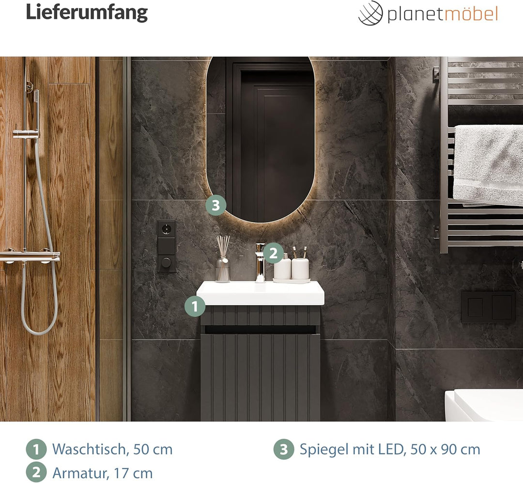 Planetmöbel Cosmia Badmöbel Set Waschbecken mit Unterschrank 50 x 60 x 35 cm Anthrazit, Spiegel mit