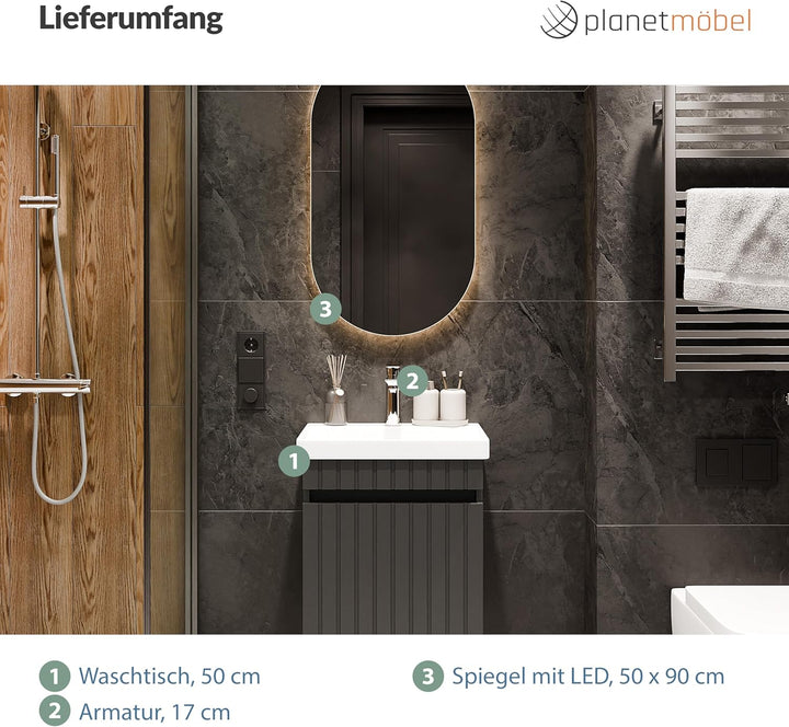 Planetmöbel Cosmia Badmöbel Set Waschbecken mit Unterschrank 50 x 60 x 35 cm Anthrazit, Spiegel mit