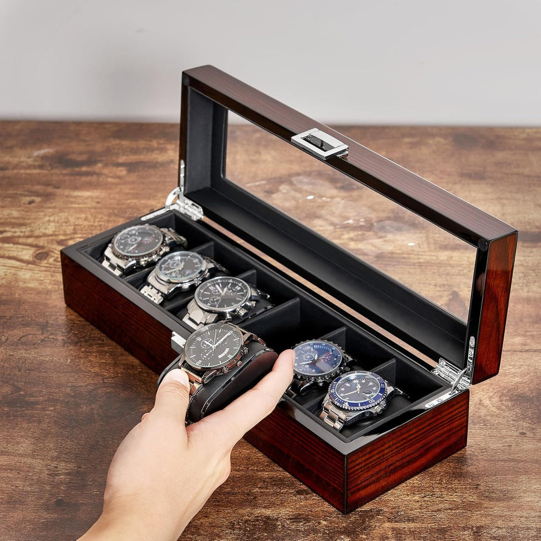 BEWISHOME Uhrenbox aus Holz für Herren – Luxus-Uhrengehäuse, Echtglas-Oberseite, glattes Kunstleder