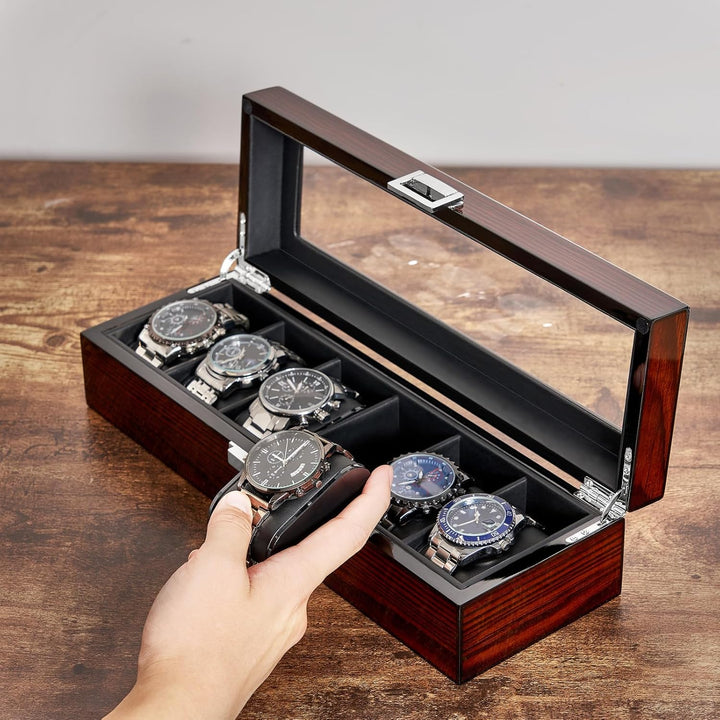 BEWISHOME Uhrenbox aus Holz für Herren – Luxus-Uhrengehäuse, Echtglas-Oberseite, glattes Kunstleder