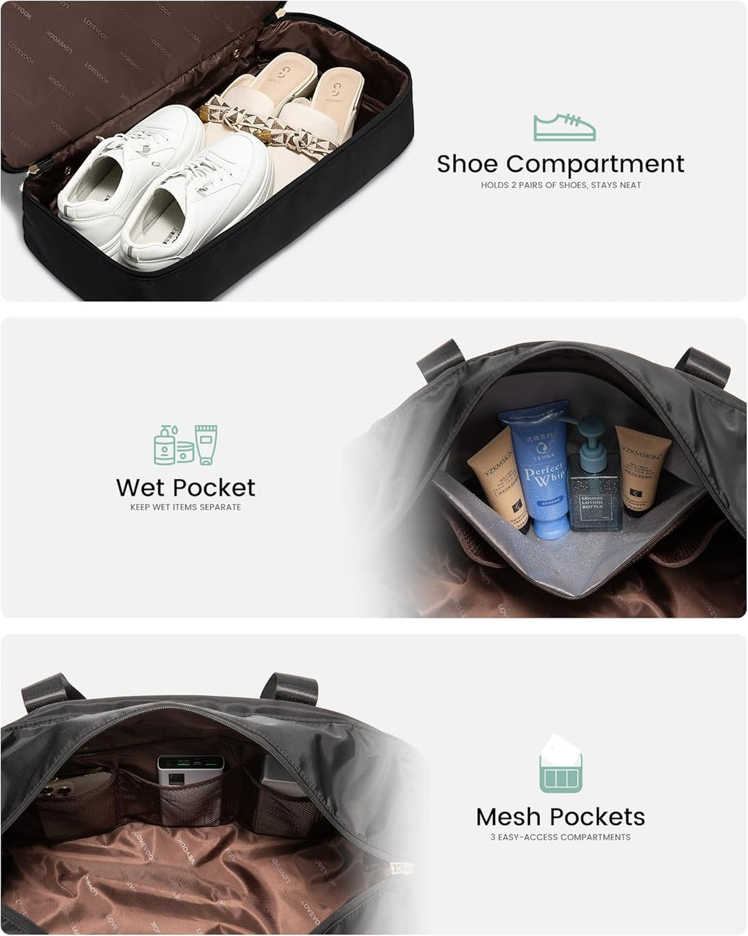LOVEVOOK Reisetasche Damen Gross, Wasserdicht Weekender Travel Duffel Bag mit Schuhfach, Kliniktasch