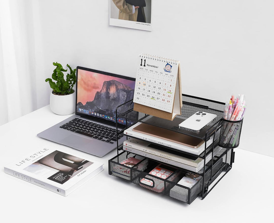 4-Trays Desktop File Organizer, Mesh Office Desk Supplies Organizer Dokument Brieffachhalter mit Sch