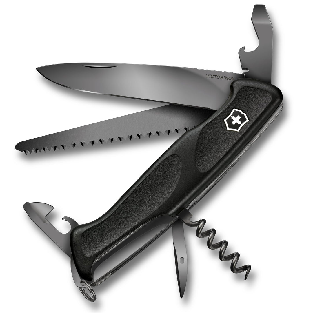 Victorinox Taschenmesser Ranger Grip 55 Onyx Black (12 Funktionen, Festellklinge, Holzsäge), schwarz