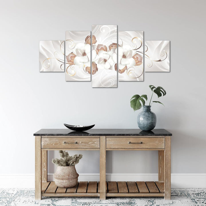 Runa Art Wandbilder Blumen Magnolien 5 Teilig Bild auf Vlies Leinwand Deko Wohnzimmer Abstrakt Grau