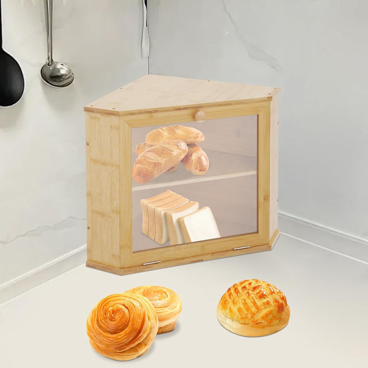 Doppelschichtige Brotkasten Dreieckiges Design für die Küchenarbeitsplatte, Bambus Brotbox mit magne