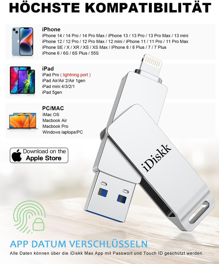 iDiskk MFi-zertifizierter 64GB Lightning-USB-Foto-Stick Speicher weiterung Sicherung Flash-Laufwerk