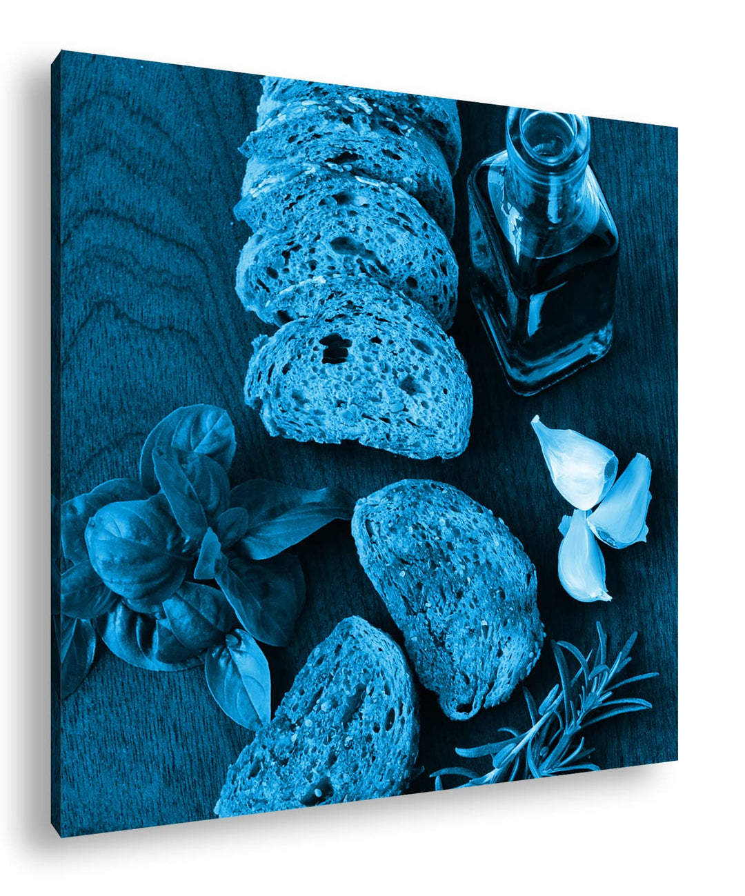 deyoli mediterranes Oliven Öl mit Brot Format: 70x70 Effekt: Monocrome Blau als Leinwandbild, Motiv