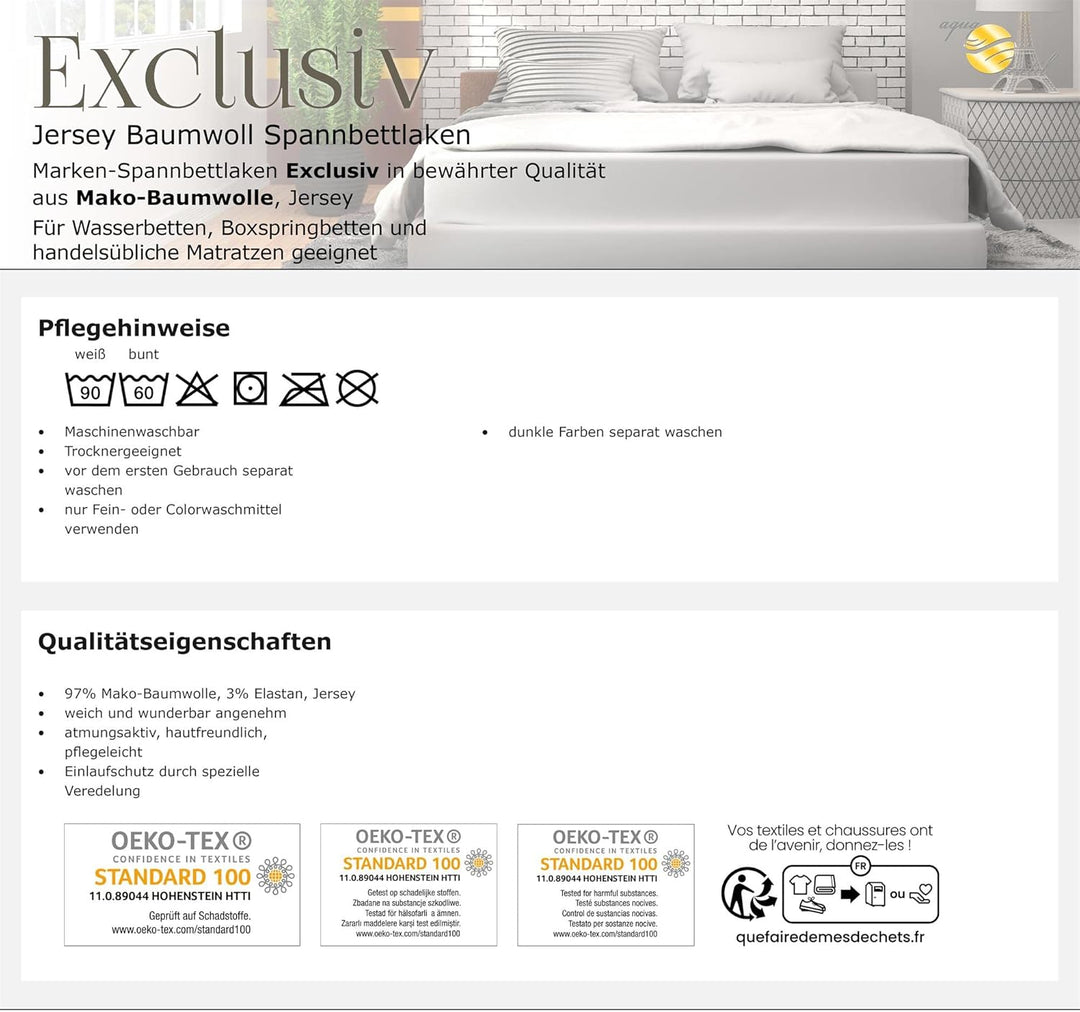 aqua-textil Exclusiv Spannbettlaken 200x220-220x240 cm Natur Jersey Baumwolle 230g/qm Spannbetttuch