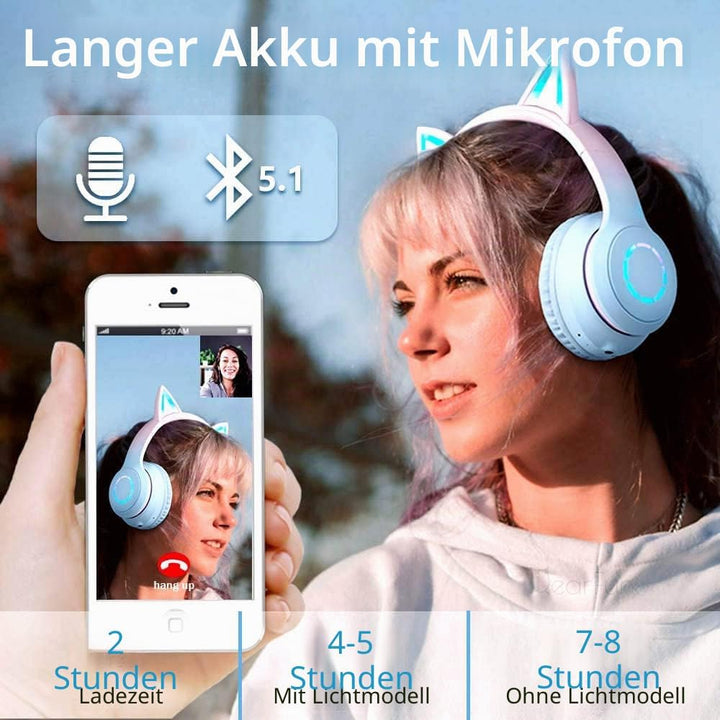 JYPS Kabellose Kinder Kopfhörer mit LED-Licht und Katzenohren für Mädchen, Bluetooth Kopfhörer Kinde