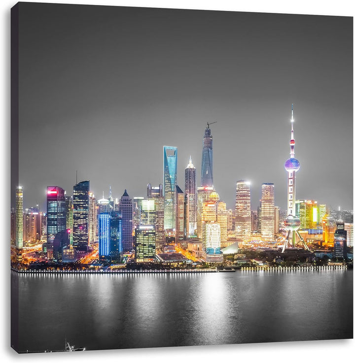 Pixxprint Shanghai Skyline bei Nacht schwarz/weiss, Format: 70x70 auf Leinwand, 70x70