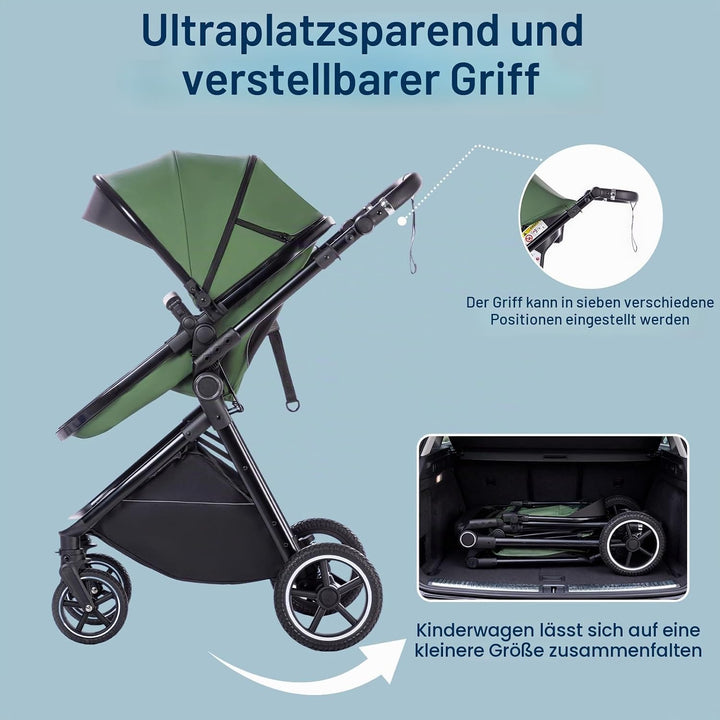 Kinderwagen 3 in 1, Reisesystem-Korb ist faltbar,Blaugrün 10Blau Grün, 10Blau Grün