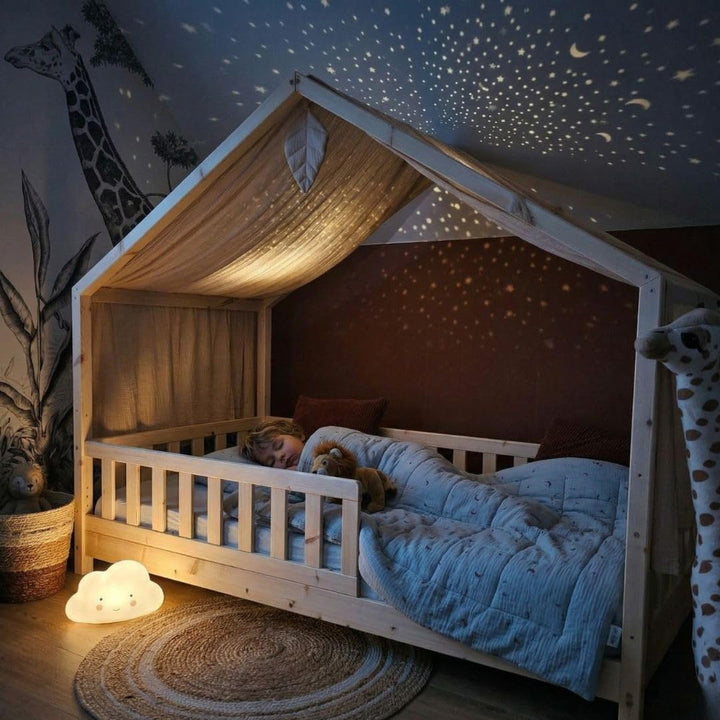 Hausbett Himmel, 100 x 350 cm, Betthimmel Hausbett aus Baumwolle Musselin Beige, Stoffhimmel für Kin