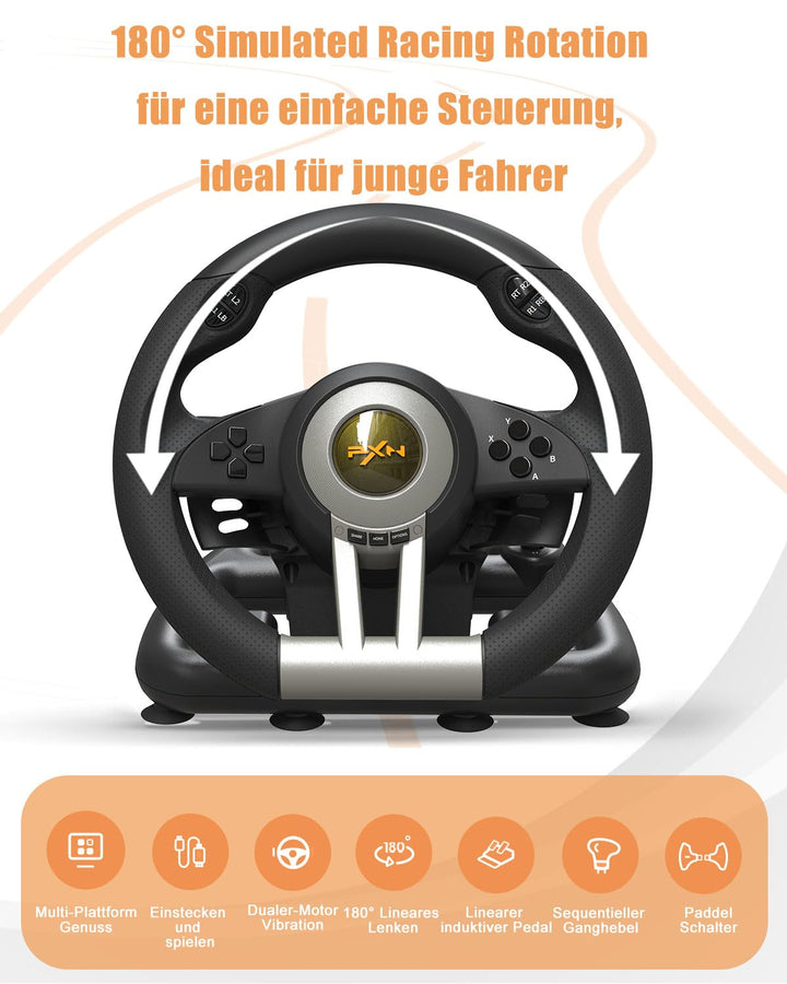 PXN V3 Pro Gaming Lenkrad mit Pedalen - 180°, Vibrationsfeedback, Integrierter Schalthebel, Paddle S