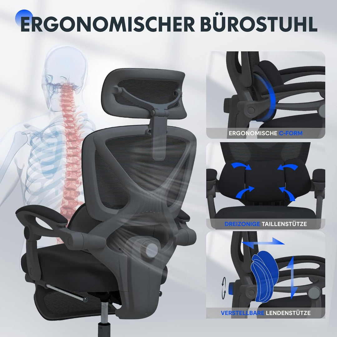 FLEXISPOT Ergonomischer Bürostuhl mit Fussstütze, X-förmiger Schreibtischstuhl mit 135°-Neigung, Gek