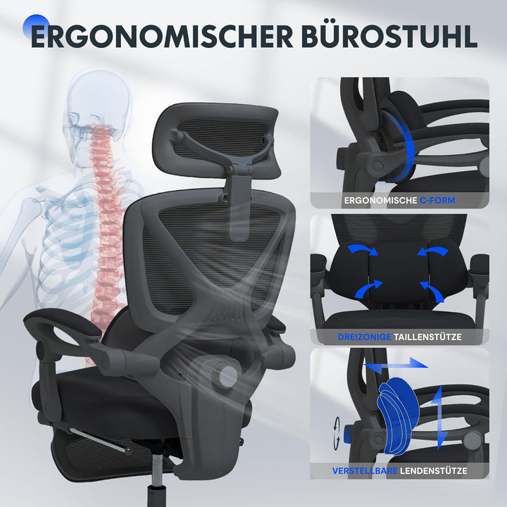 FLEXISPOT Ergonomischer Bürostuhl mit Fussstütze, X-förmiger Schreibtischstuhl mit 135°-Neigung, Gek