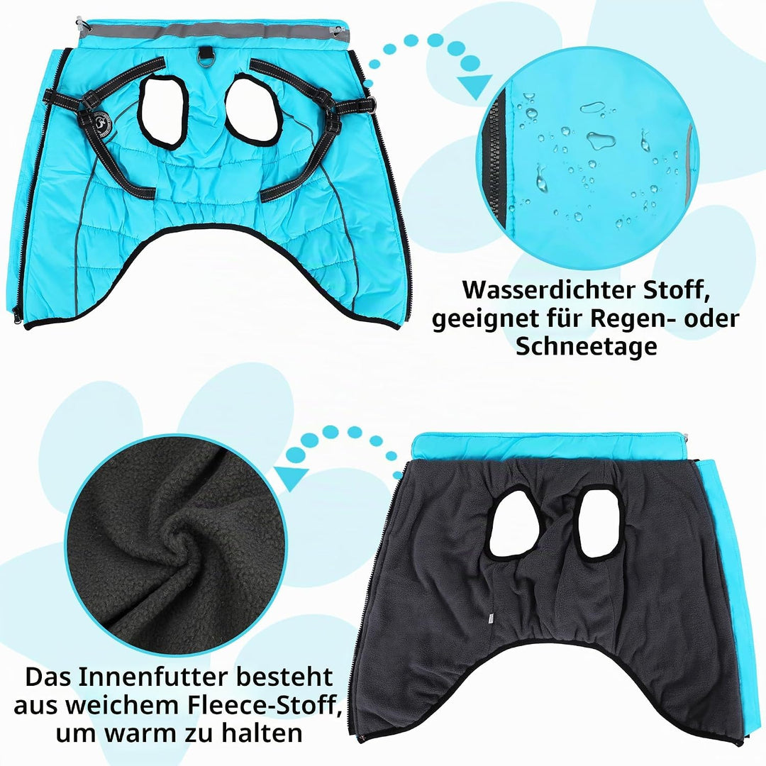 Hundemantel Winter, Hundemantel Wasserdicht, Warme Hundejacke mit Geschirr, Reflektierende Streifen,