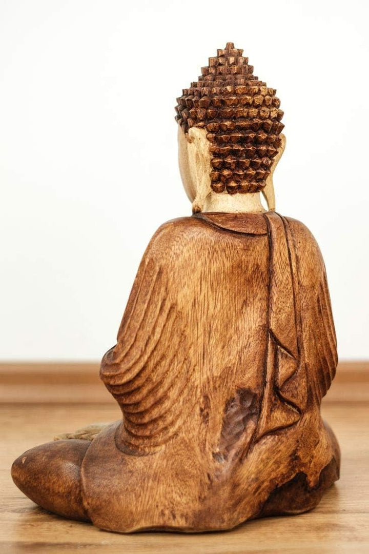 livasia Buddha, Buddhismus Statue, Skulptur aus Holz, Dekofigur (Buddha 30cm 2 Zeigef. Oben), Buddha