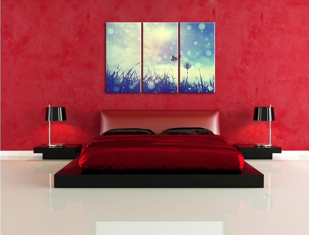 Pixxprint Schmetterling fliegt zu Pusteblume / 3-Teilig/Gesamtmass 120cm Leinwandbild bespannt auf H