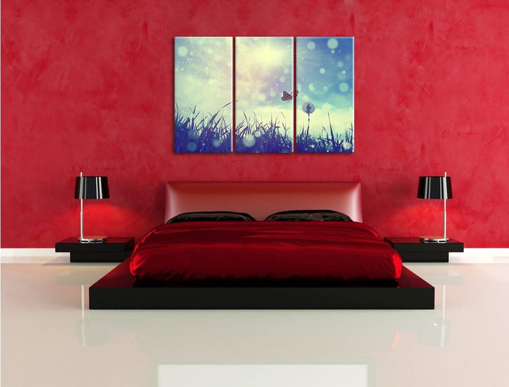 Pixxprint Schmetterling fliegt zu Pusteblume / 3-Teilig/Gesamtmass 120cm Leinwandbild bespannt auf H